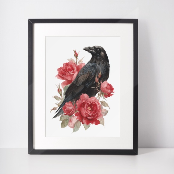 Watercolor Floral Black Crow Wall Art Print Unframed - Black Bird Illustration - Picture 3 of 6